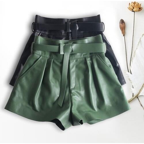 Women Harajuku Genuine Leather Bud Pleated Falbala Shorts With Belt Femme High Waist Hhaki/Green Casual Mujer Sexy Booty Shorts
