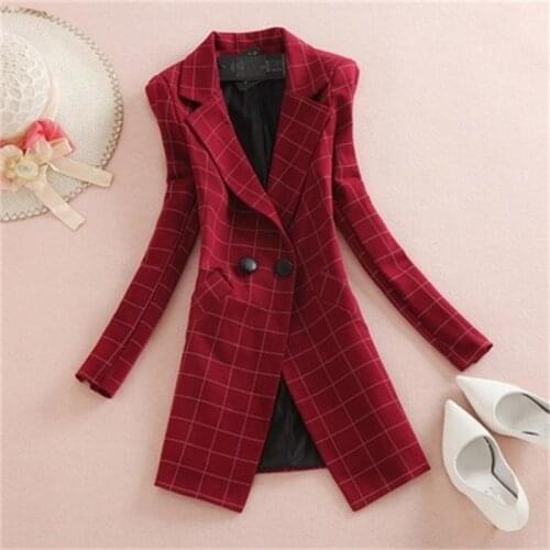 Ms.Plaid Blazers Women spring Autumn New Long section ladies small suit long sleeve casual ol temperament plaid small suit jacke