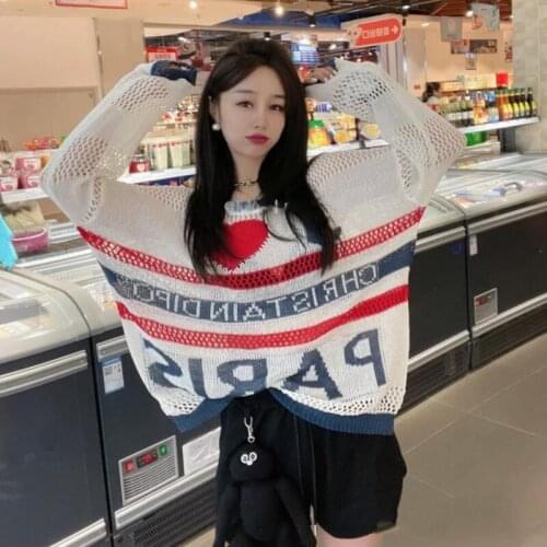 Women Sweet Hollow Out O-Neck Long Sleeve Pullovers White Loose Jumpers Spring Autumn Letter Love Printed Thin Knitted Sweater