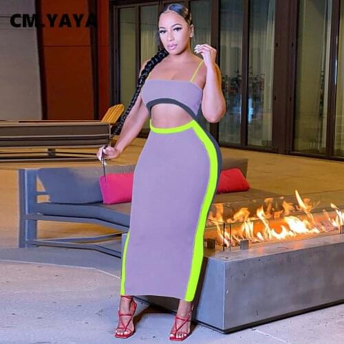 CM.YAYA Women Long Dress Patchwork Sleeveless Strap Slash Neck Hollow Out Stretchy Maxi Dresses Sexy Clubwear Summer Outfits