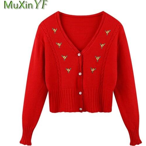 Womens Spring Autumn Short Knit Coats 2021 Korean Sweet Embroidery Cardigan Lady Red V-Neck Full Sleeve Tops Fashion Outerwear