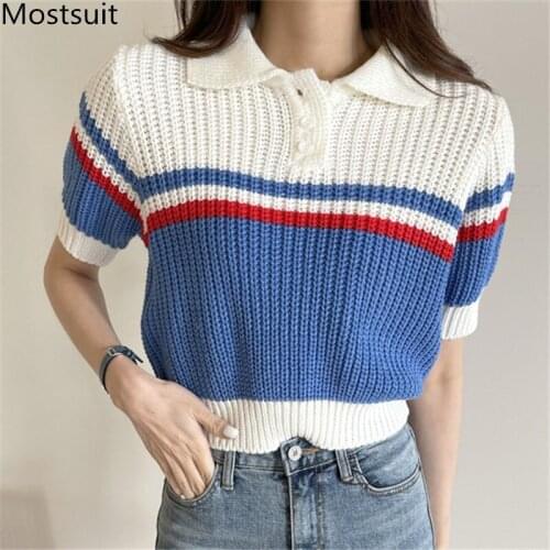 2021 Summer Striped Knitted Crop Tops T Shirt Women Short Sleeve Turn-down Collar Pullover Casual Fashion Korean Tees T-shirts