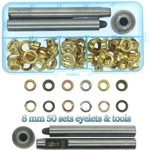 8 mm 50 set 6 colours hollow rivet eye button for belt buckle clothing decoration buckle eyelet and Eyelet Punch Die Tool Set