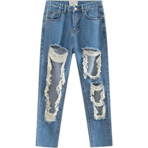 Big Ripped Jeans Womens Summer New Beggar Pants High Waist Loose and Thin Torn Nine-Point Wide-Leg Pants Cute and Sexy