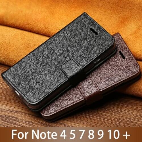 Leather Flip Phone Case For Samsung Galaxy Note 4 5 7 8 9 10 Plus case Cowhide Litchi Texture Card slots Cover