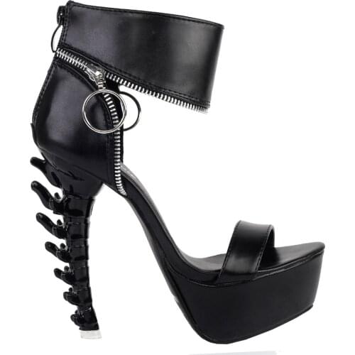 LF80634 Punk Black Zip Ring Ankle Strap Platform Bone Heel Sandals Size 5/6/7/8/9/9.5/10