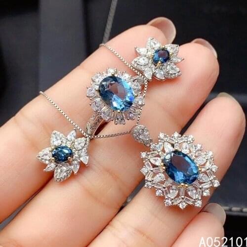 KJJEAXCMY fine Jewelry 925 sterling silver inlaid natural blue topaz vintage pendant ring earring set support test Chinese style