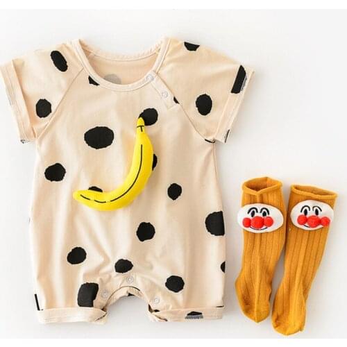 0-2T 2021 Cotton Summer Newborn Baby Polka Dot Banana Striped Smiley Face Short Sleeve Cool Breathable Short Romper Casual Wear