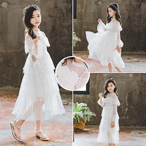 Girl Summer Mesh Sequins Yarn Cake Dress 2021 Thin Girls Princess White Champagne Color Birthday Dresses For Kids