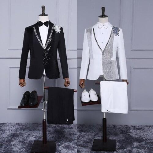 M~4XL New mens clothing performance wear formal dress black and white dance bling suit jacket plus size stage singer costumes
