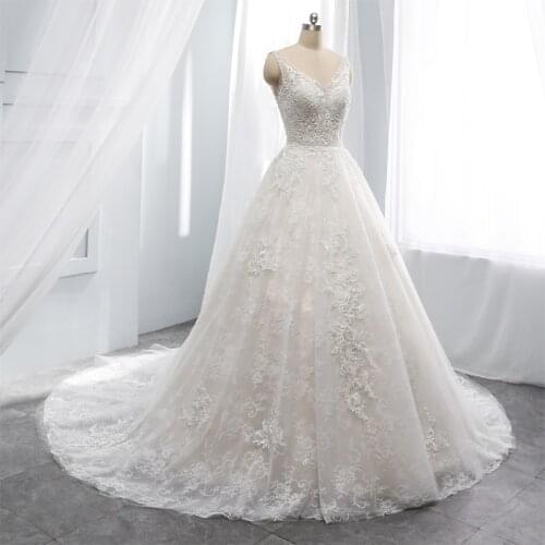 A-line wedding dress sleeveless wedding Grown lace vestido de noiva sexy v Neck robe de soiree Chapel Train Marriage dress abiye