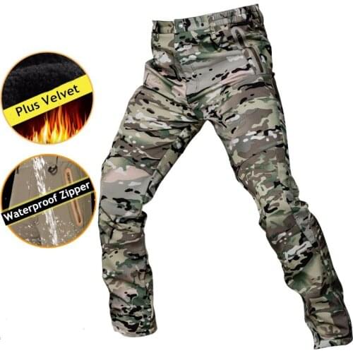 Press Glue Waterproof Fleece Soft Shell Pants Mens Winter Plus Velvet Windproof Warm Trousers Outdoor Hiking Tactical Camo Pants