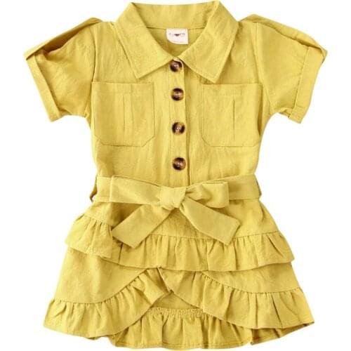 Pudcoco Toddler Baby Girl Clothes Short Sleeve Dress Solid Color Shirt Collar Multilayer Ruffles Fold Decoration Waist Design