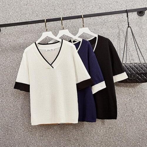 Plus size 2021 V-Neck Sweater Women short Sleeve Knitted Patchwork Oversized Sweater Women Summer thin basic Pullovers