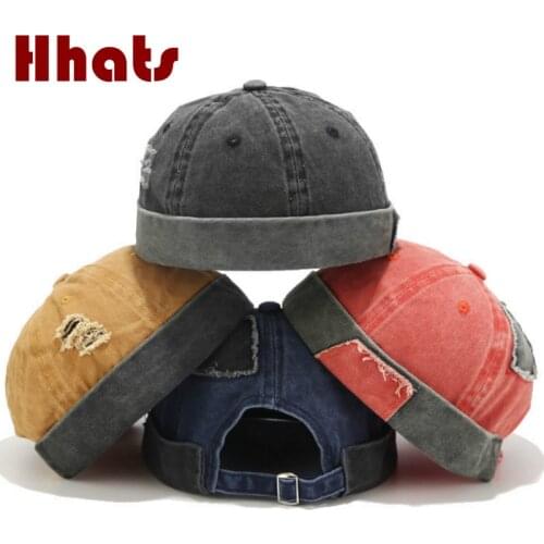 Vintage Hip Hop Men Hat Washed Cotton Retro Skull Cap Brimless Melon Hat Distress Landlord Hat Breathable Beanie Hole Skullcap