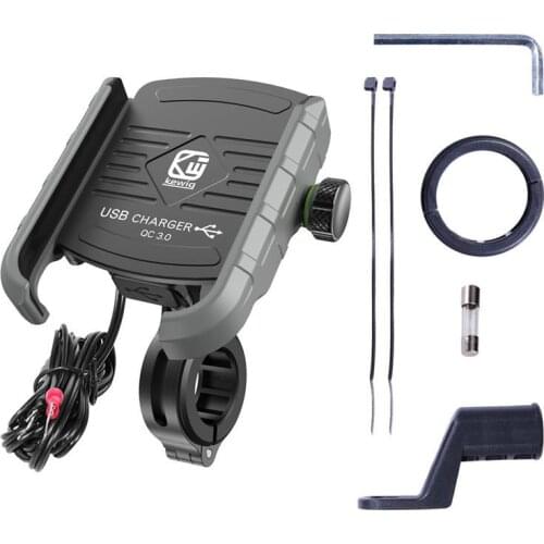 12-24V Motorcycle Phone Mount Charger QC 3.0 Handlebar/ Rear-View Mirror 4-7 Inch Cellphone Holder with Aluminium Mount Base