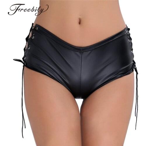 Women Black Patent Leather Lace Up Hot Mini Shorts Female Nightclub Rave Party Pole Dance Performance Sexy Shorts Outfit