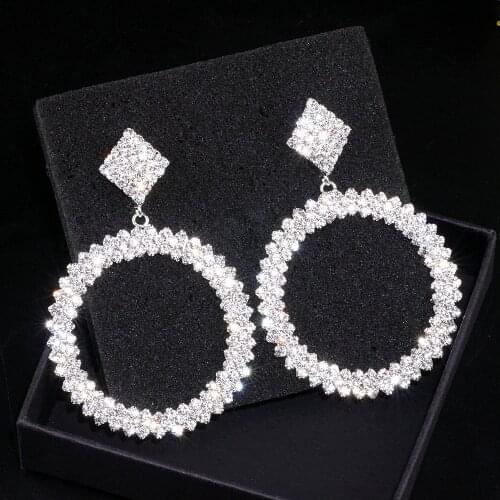 Charm Luxury Rhinestones Big Round Earrings For Women Silver Color Crystal Drop Earrings for Bridal Wedding Long Earrings WX029