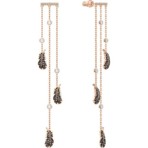 Brand 1:1 Mysterious and Elegant Black Diamond-studded Feather Tassel Irregular Earrings Exquisite Luxury Ladies Silver Jewelry