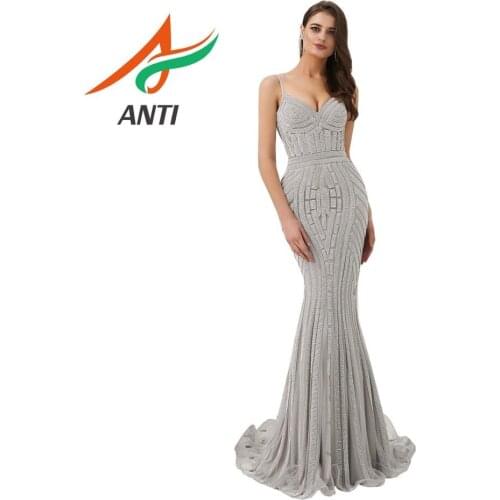 ANTI Silver Evening Dresses 2019 Elegant V-neck Sleeveless Sexy Formal Crystal Beading Party Long Prom Dress Cheap High Quality
