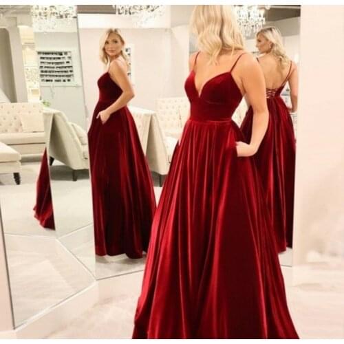 Vintage V-Neck Long Burgundy Evening Dresses with Pockets Strappy Back Silky Satin Abendkleider Robes De Soirée for Women