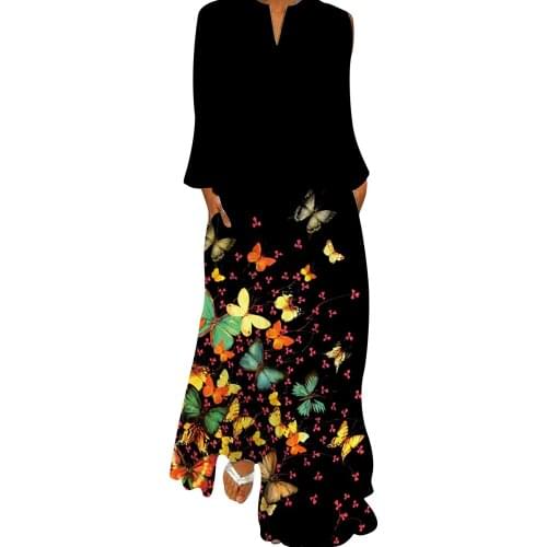 Winter Women Loose Casual Floral Dress long Sleeve V Neck Elegant midi Dresses For Women Clothing vestidos de verano 2021