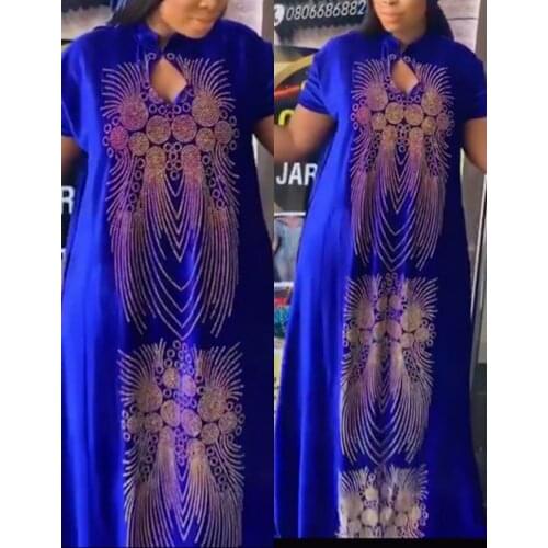 2020 New African Design Bazin Long Stick Diamond Short Sleeve High Collar Dashiki Dress For Lady