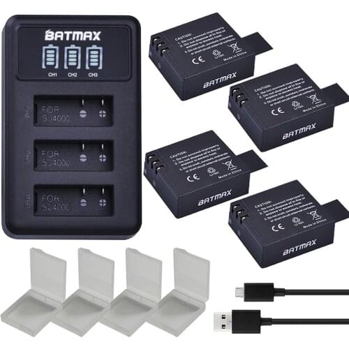 4Pcs SJ4000 PG1050 Battery Bateria + LED 3Slots USB Charger for SJCAM SJ4000 SJ5000 EKEN M10 4K H8 H9 GIT-LB101 GIT PG900