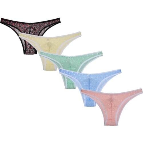 5Pcs/Lot Mens Bikini Briefs Sheer Candy Colored Lace Underwear Male Rhombic Pattern Pouch Short Pants