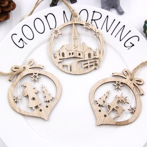 6PCS Creative Hollow Christmas Wooden Pendants Ornaments Wood Craft Christmas Decorations Christmas Tree Ornaments Kids Gifts