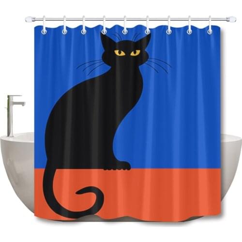 72'' Bathroom Waterproof Fabric Shower Curtain 12 Hooks Bath Accessory Sets Halloween Black Cat On Red And Blue Background