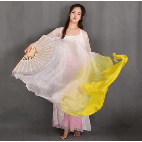 White Yellow Silk Veil 1 Pair(Left+Right) Women Real Silk Belly Dance Fan Veil Length 180cm Width 90cm Stage Show Prop 100% Silk