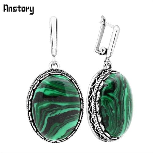 Big Oval Malachite Earrings For Women Antique Silver Plated Party Hollow Flower Pendant Fashion Jewelry