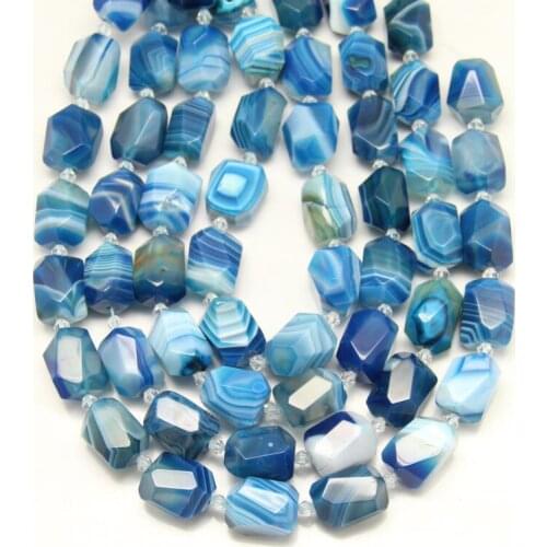 Full strand 16pcs Natural Striped Agates Faceted Nugget Beads Pendants,Blue Achate Drilled Loose Beads Spacer Necklace 13x18mm