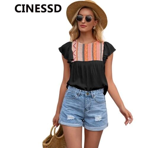 CINESSD Print Ethnic Blouses Women Tops Round Neck Ruffles Short Sleeves Geometry Summer Office Lady Casual Loose Blouse 5 Color