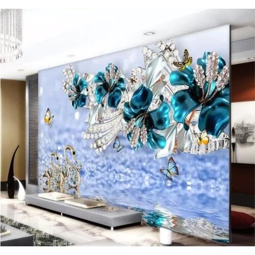 Custom Photo Wallpaper Mural Sticker Luxury Swan Blue Flower Watermark Jewelery TV Wall Background papel de parede
