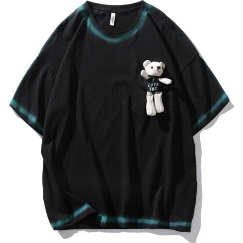 Summer New T-shirt Mens 100% Cotton Top Oversize Bear Graffiti Short Sleeve Streetwear Harajuku Style Casual Male Loose Clothes