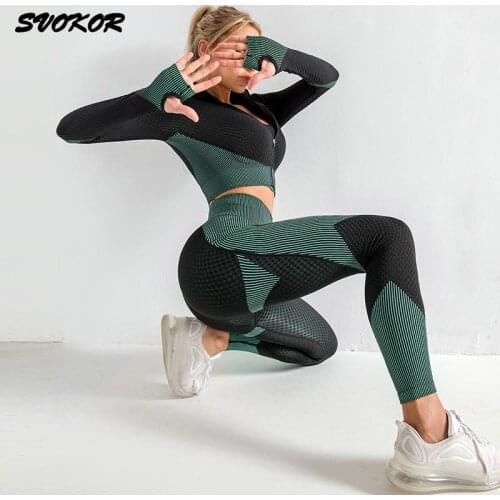 SVOKOR Gym Set Women Seamless Sports Clothing Long Sleeve Sportswear Yoga Bra High Waist Running Fitness Pants Workout Yoga Set