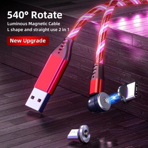 Magnetic USB Cable 540 Degree Roating Micro USB Type C Flowing Light LED Fast Charging Cable For iPhone Samsung S21 Xiaomi 11