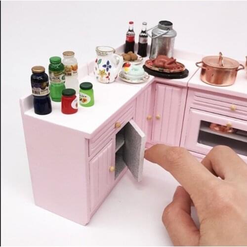1/12 Scale Dollhouse Miniature Toys Birch Wood Decorative Model Kitchen Cabinet Stove Sink Basin Furniture Kits