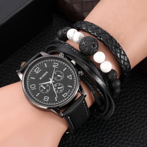 2021 Men Watch Bracelet Set Retro Black Bracelet Sets Gift Male Fashion Luxury Leather Strap Quartz Wristwatches Business Clock