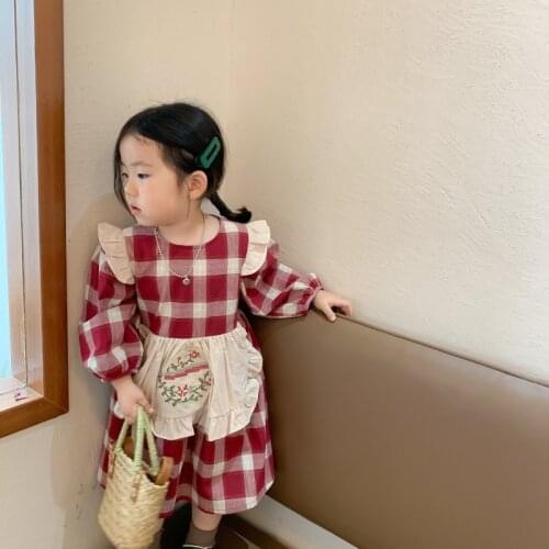 Spring and Autumn New Arrival girls dress plaid with non-removable apron long sleeve dress for cute sweet baby girls