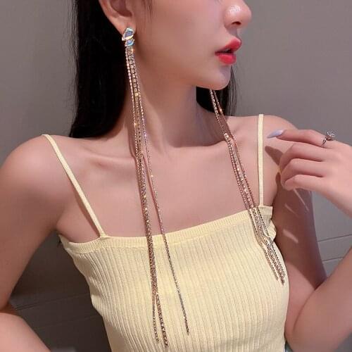 Origin Summer Hyperbole Colorful Rhinestone Drop Earrings Gold Color Metal Long Tassel Earrings for Women Night Club Jewelry
