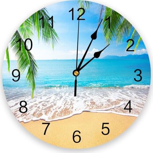 Sand Beach Waves Palm Trees Round Wall Clock Modern Design Home Living Room Decoration Childrens Room Kitchen Table Clock