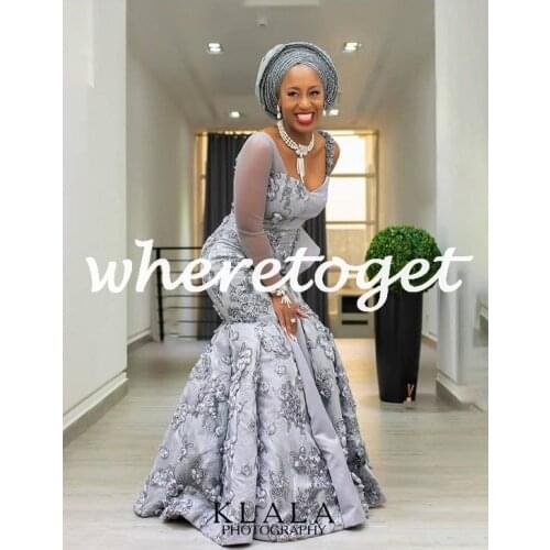 Aso Ebi African Mermaid Prom Dresses 2021 Silver Lace Long Sleeves Nigerian Style Plus Size Formal Evening Party Gown