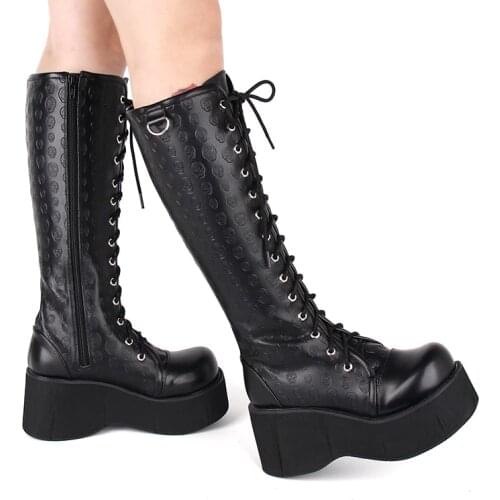 Angelic imprint PU Leather Round Toe Punk style Lolita boots Knee Lace Up High Boots Stars Lolita Shoes size 35-46 135