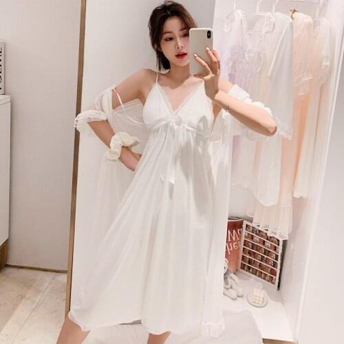 Mesh Sexy Lingerie Women Transparent Lace Trim Night Dress And Robe 2Pcs Robe Gown Set See Through Sleepwear(With chest pad)