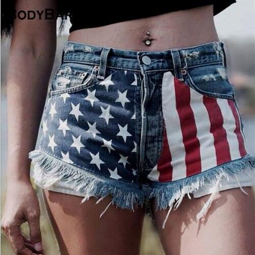 Sexy Tassel Print Shorts Button American Flag Print Denim Shorts Oversized 3XL Ladies Mid Waist Straight Distressed Ripped Pant