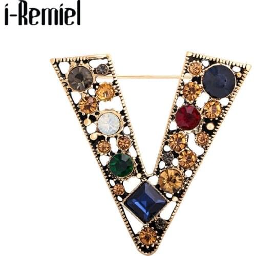 Vintage Letter V Brooch Korean Christmas Gifts Colored Rhinestone Pin Buckle Cardigan Clip Sweater Clothing Accessories Corsage