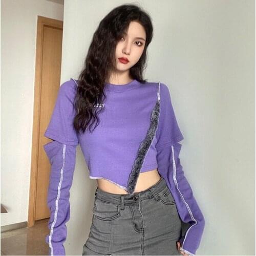 Women slim outdoor running long sleeve round neck fashion splicing Yoga irregular navel exposed T-shirt personalized fitness top